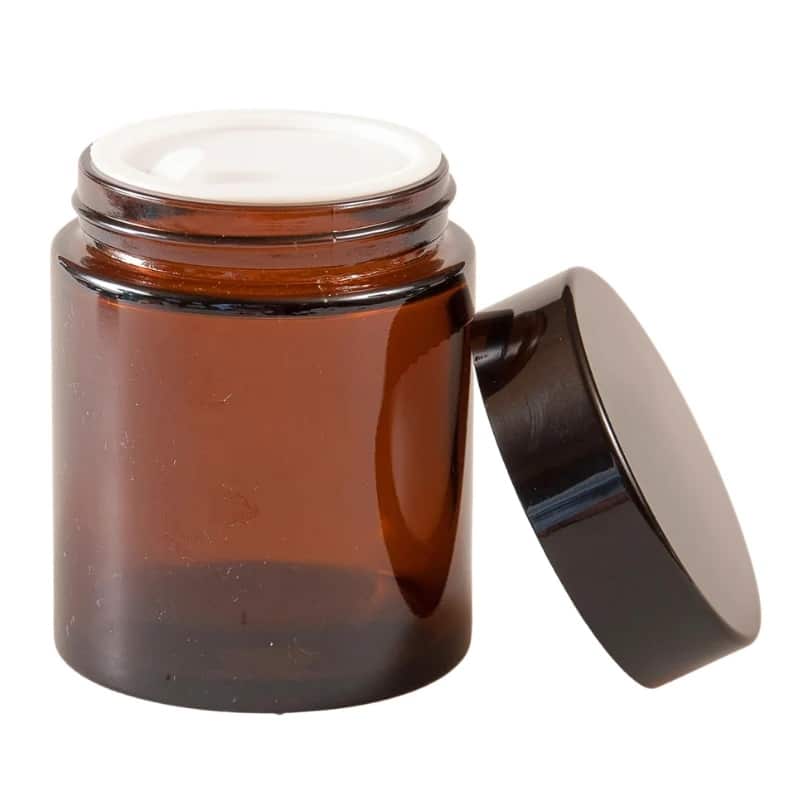 Amber Glass Jar 100g with Black Lid and Inner Lid Shive 1 Amber Glass Jar 100g with Black Lid and Inner Lid Shive