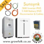 Sunsynk 5kW Hybrid Inverter IP65 with 5.1kWh Lithium Battery IP65 and Disconnector with Cables Kit