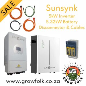 Sunsynk 5kW Hybrid Inverter IP65 with 5.32kWh Lithium Battery and Disconnector with Cables Kit